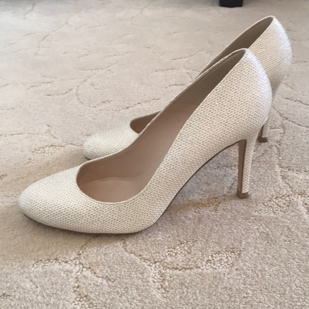 LK Bennett sparkly cream and gold court shoes.